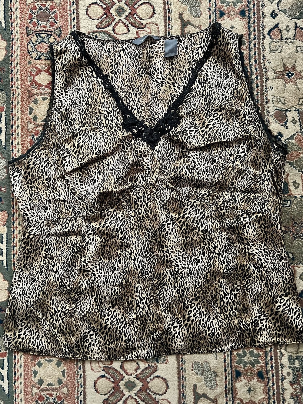 Silk Liz Claiborne Leopard Print V-Neck Camisole with Black Lace Trim